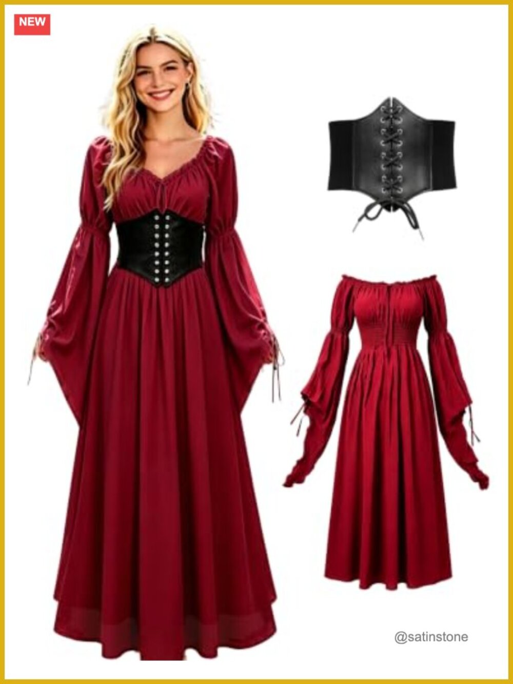 Renaissance Gothic Medieval Witch Vampire Dress Long Sleeve Adjustable